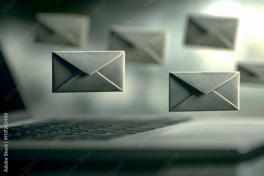 Poster emails floating above a laptop keyboard, representing digital communication and inbox overload.