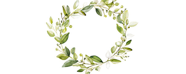 Obraz premium A circular watercolor wreath featuring vibrant green leaves and clusters of red berries arranged in a delicate, natural style against a white background. 
