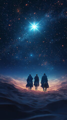 Christmas Jesus birth concept - Adoration of the Magi, Three Wise Men, Three Kings, and the Three biblical Magi with camel silhouettes journeying in sand dunes of desert follow Bethlehem star at night