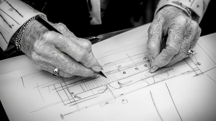 Aged hands drawing architectural sketch.