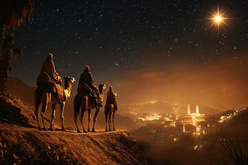 Christmas Jesus birth concept - Adoration of the Magi, Three Wise Men, Three Kings, and the Three biblical Magi with camel silhouettes journeying in sand dunes of desert follow Bethlehem star at night