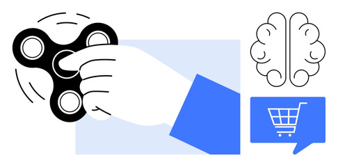 Hand holding fidget spinner in motion beside brain icon and shopping cart symbol. Ideal for stress relief, mindfulness, mental health, relaxation, cognitive improvement, online shopping, and focus