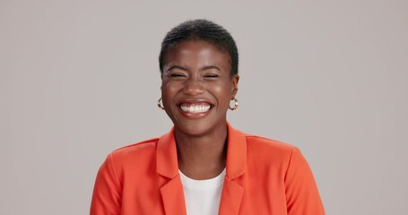 Face, laughing and black woman with smile, confidence and funny joke in studio with work style. Fashion, winking and joy with professional, silly and employee with comedy and brown background