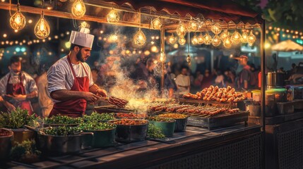 Night Market Food Stall Chef Grilling Skewers Street Food Urban Scene