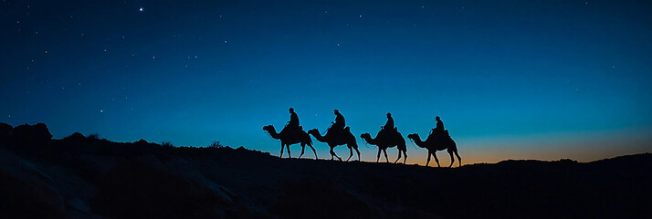 Fototapeta premium Christmas Jesus birth concept - Adoration of the Magi, Three Wise Men, Three Kings, and the Three biblical Magi with camel silhouettes journeying in sand dunes of desert follow Bethlehem star at night