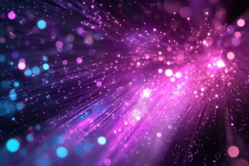 Abstract glowing fiber optic strands, purple and blue bokeh. Perfect for backgrounds, tech themes, or designs needing a vibrant, energetic feel.