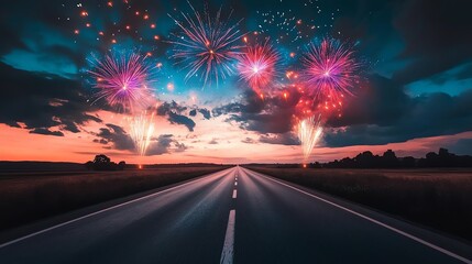 Fireworks light up a road at sunset sky.