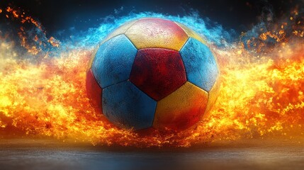 Fototapeta premium A vibrant soccer ball surrounded by flames, symbolizing energy.