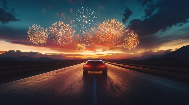 Car driving under fireworks at sunset.
