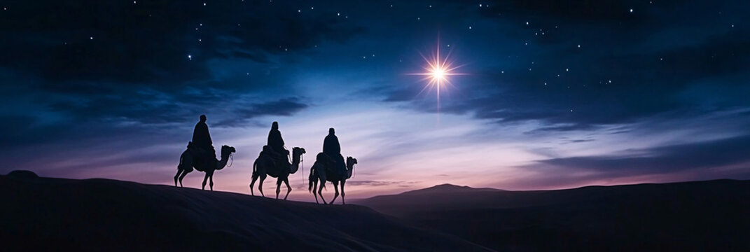 Christmas Jesus birth concept - Adoration of the Magi, Three Wise Men, Three Kings, and the Three biblical Magi with camel silhouettes journeying in sand dunes of desert follow Bethlehem star at night