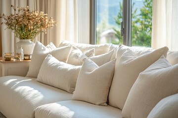 Soft white pillows on a couch. Perfect for representing relaxation, comfort, and home decor.