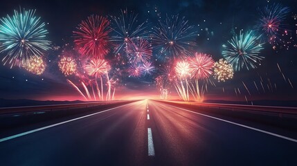 Vibrant fireworks over a deserted highway at night.