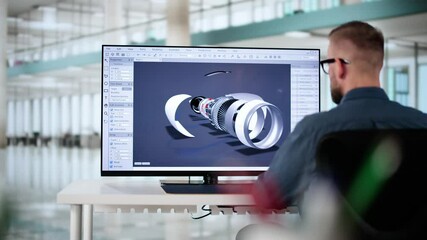 Male Engineer Developing Mechanical Parts Using 3D CAD Software On Laptop - Powered by Adobe