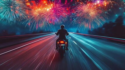Motorcycle ride under vibrant fireworks display.