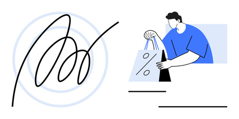 Man holding shopping bag with percentage sign, large swirling signature in background. Ideal for online shopping, discounts, retail, marketing, consumer behavior, e-commerce branding. Line metaphor