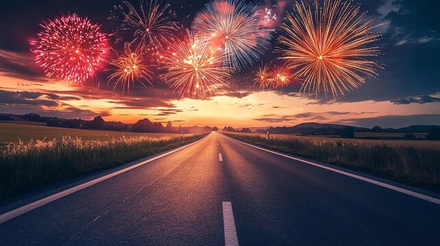 Scenic road with fireworks in dramatic sunset.