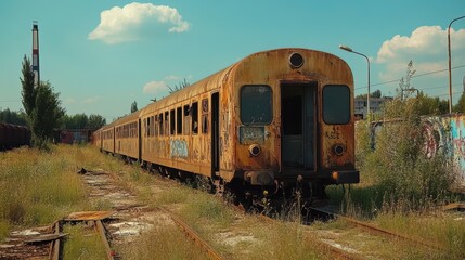 Obraz premium Rusty train carriage sits on overgrown tracks. Depicts decay, abandonment, and the passage of time.