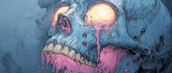 A vibrant, surreal skull with glowing eyes and dripping colors.