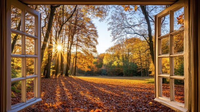 Autumnal view through open window, golden hour sunlight on fallen leaves, trees in vibrant colors.