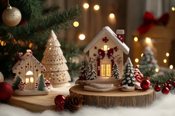 Festive miniature houses adorned with twinkling lights are arranged on a table, surrounded by cheerful Christmas decorations, capturing the holiday spirit.