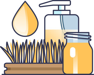 Illustration of dry brush, oil drop, and jars symbolizing rejuvenation and self-care.