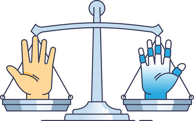 A scale balancing a human hand and a robotic hand, symbolizing AI ethics.