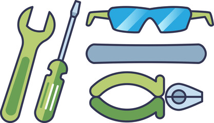Tools for dismantling e-waste: wrench, screwdriver, pliers, safety glasses, file.