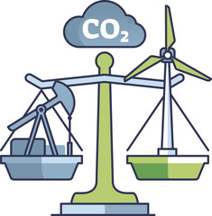 A scale balancing fossil fuel and wind energy with CO2 cloud above, symbolizing environmental impact. © VectorMine