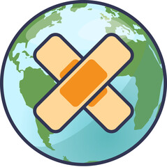A globe with a bandage symbolizes global healing and environmental care.