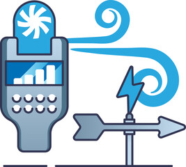 Illustration of an anemometer and wind vane measuring wind speed and direction.