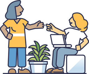 Two people discussing in a casual meeting space with a laptop and plant.