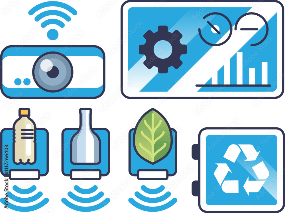 Poster smart recycling with sensorarray: camera, dashboard, sensors, and recycling symbols.