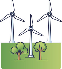 Illustration of wind turbines on a green landscape, symbolizing renewable energy.