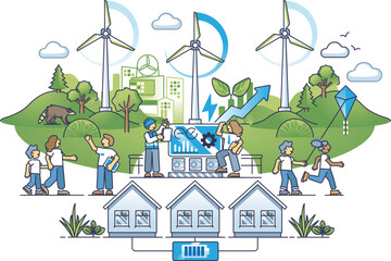 Wind turbines and people symbolize sustainable energy and community harmony.