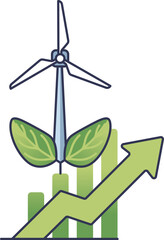 Wind turbine with leaves and upward arrow symbolizes growth in wind energy profits.