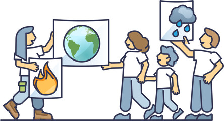 People holding signs with Earth, fire, and rain, symbolizing climate change issues.