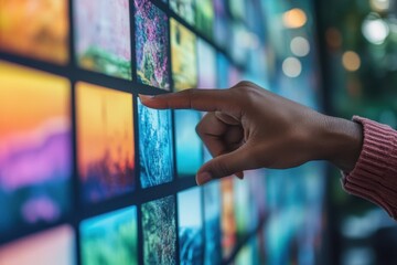 Hand choosing from colorful image tiles. Perfect for digital media, technology, and selection concepts.