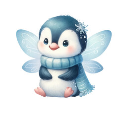 Fototapeta premium A cute penguin fairy with icy wings, a cozy blue scarf, and delicate snowflake details.