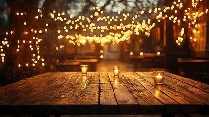 A cozy wooden table, surrounded by softly blurred golden fairy lights and flickering candles, with warm tones enhancing the festive and welcoming atmosphere --ar 16:9