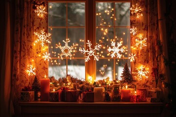 A window adorned with snowflake decals, fairy lights, and holiday-themed curtains. The room is bathed in a warm, fest, Generative AI