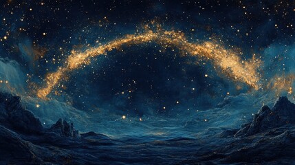 Alien landscape with a celestial arc of stars. Perfect for science fiction, fantasy, or cosmic themes.