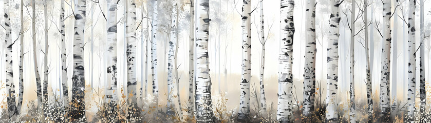 Birch Trees in a Foggy Forest Illustration