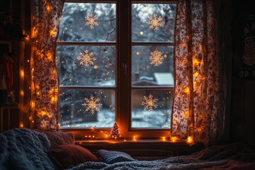 A window adorned with snowflake decals, fairy lights, and holiday-themed curtains. The room is bathed in a warm, fest, Generative AI