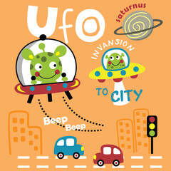 Cute cartoon giraffe and alien in UFO spaceships flying over city with cars and traffic light. Children’s space invasion and fun theme concept
