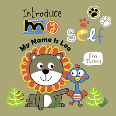 Cute cartoon lion named Leo and turkey introducing themselves with playful text and nature elements. Children’s animal friendship theme concept
