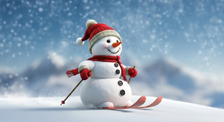 Obraz premium 3d snowman sliding downhill, skiing, Christmas holiday background, panoramic winter landscape, Happy New Year greeting card