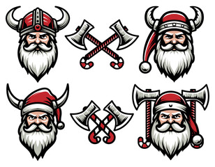 Santa Claus in viking helmet collection. Isolated on dark background. Medieval element for Christmas holiday. Vector Eps 10.