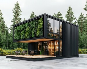 Fototapeta premium Contemporary container dining room exterior with black steel panels, large windows, and a forest backdrop