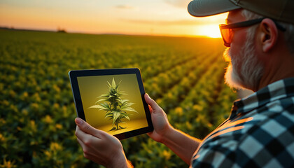 Farmer Using Tablet to Monitor Cannabis Plants in a Sunlit Field