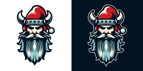Santa Claus in viking helmet illustration. Isolated on dark background. Medieval element for Christmas holiday. Vector Eps 10.